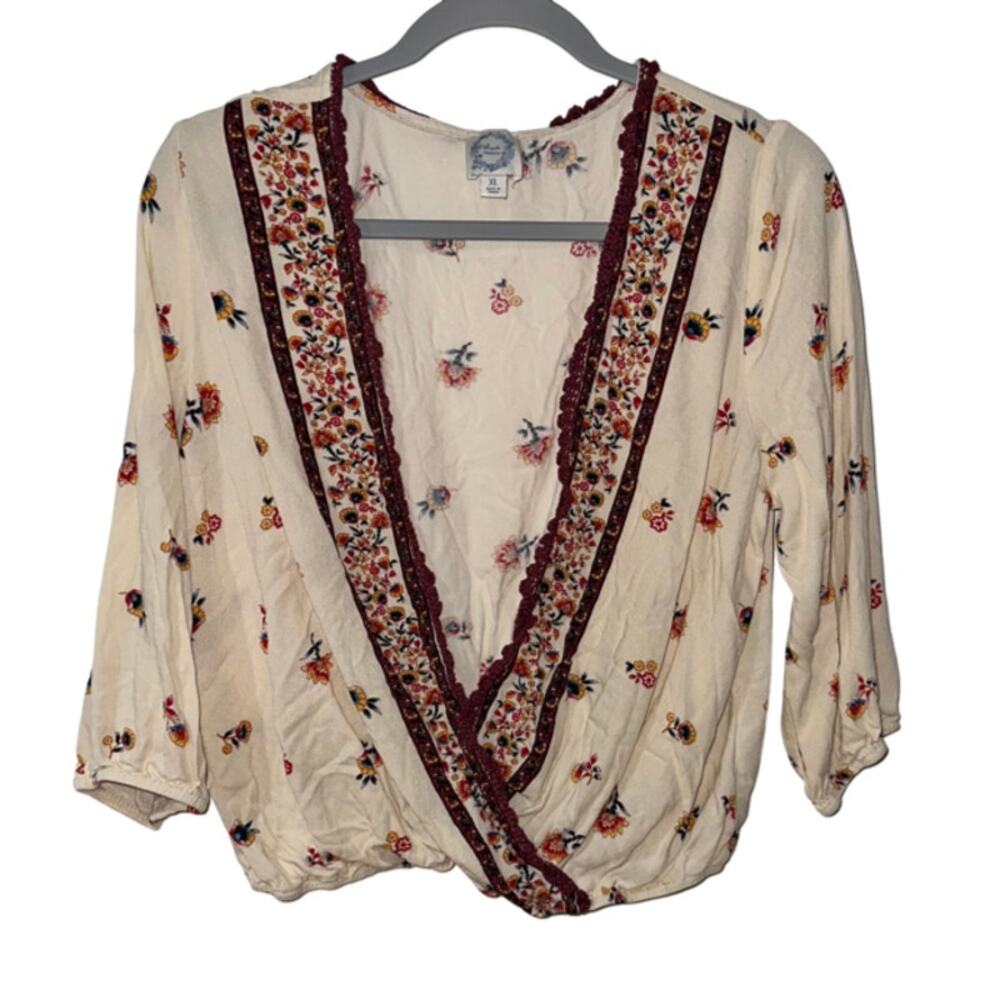 BLUE RAIN Cream Multicolor Floral Design Cropped Elastic Waist Size XL